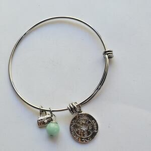Charm Bangle Bracelet Silver Compass Green Bead Adventure Travel Inspirational